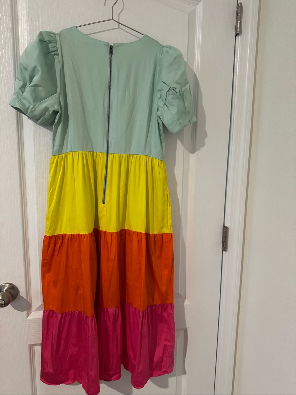 Girls Colorblock Puff-Sleeve Tiered Dress - Mint, Yellow, Orange, Pink
